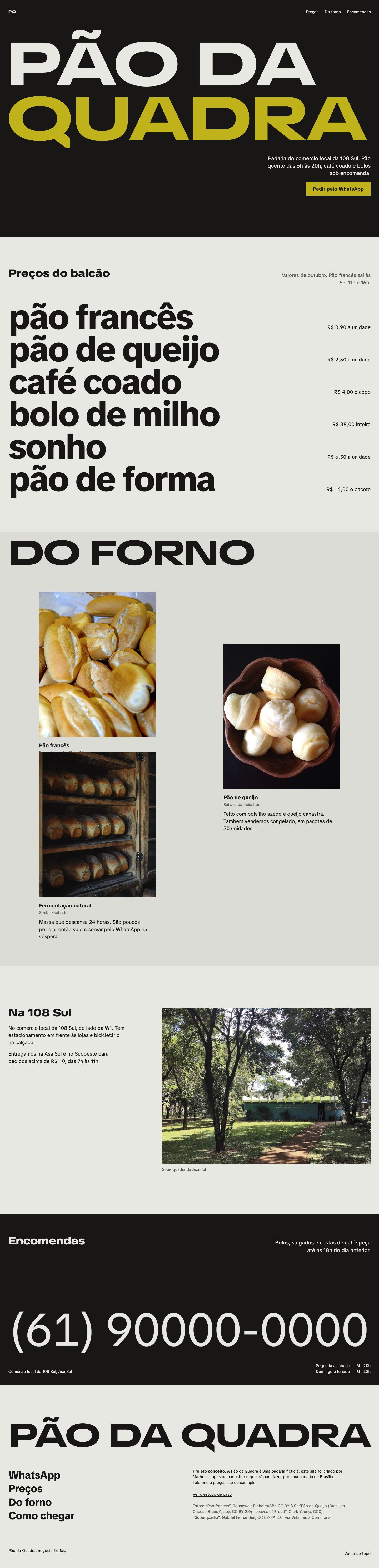 Página inteira da Pão da Quadra no computador, com a tabela de preços do balcão, as fotos do forno, a localização na 108 Sul e o telefone em letras grandes