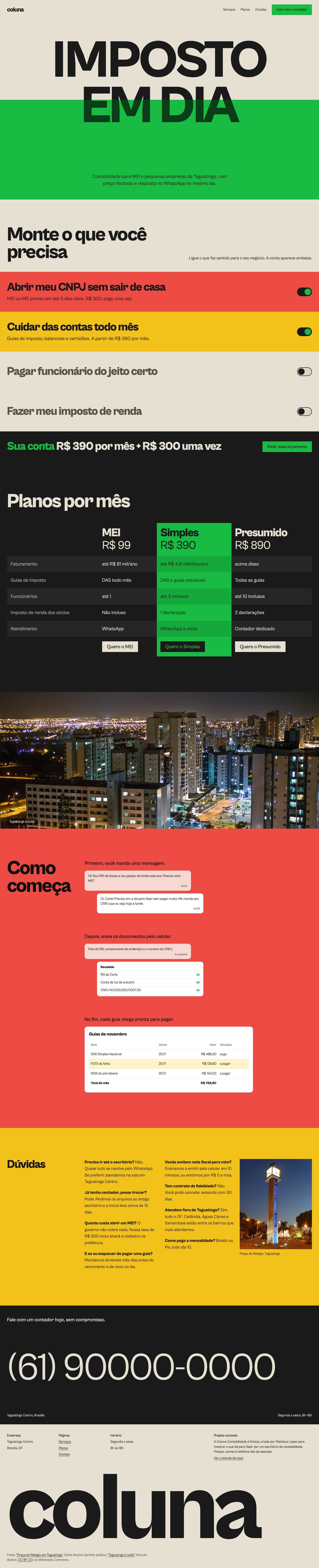Página inteira da Coluna Contabilidade no computador, com os serviços em faixas coloridas e chaves de liga e desliga, a tabela de planos, a foto de Taguatinga à noite e as dúvidas sobre fundo amarelo