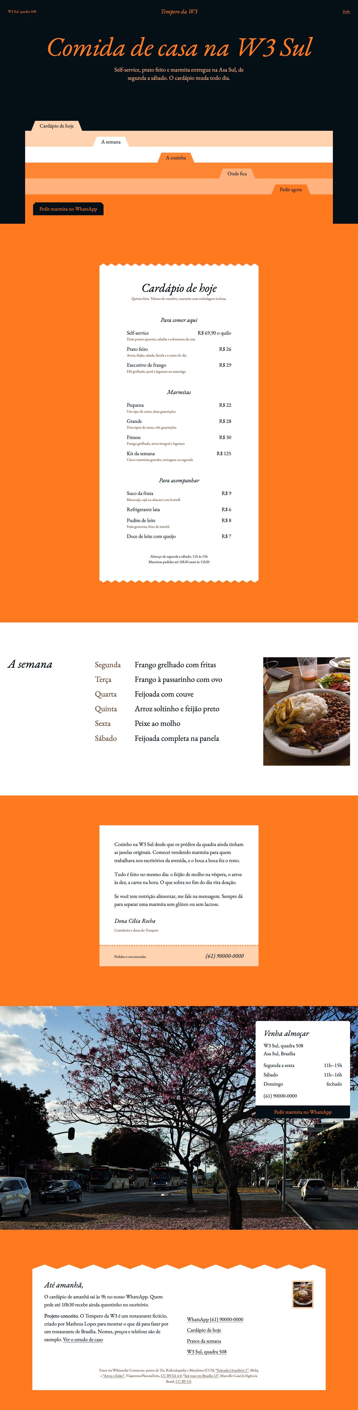 Página inteira do Tempero da W3 no computador, com o cardápio do dia em papel branco sobre fundo laranja, os pratos da semana, a carta da cozinheira e o cartão de visita sobre a foto de um ipê