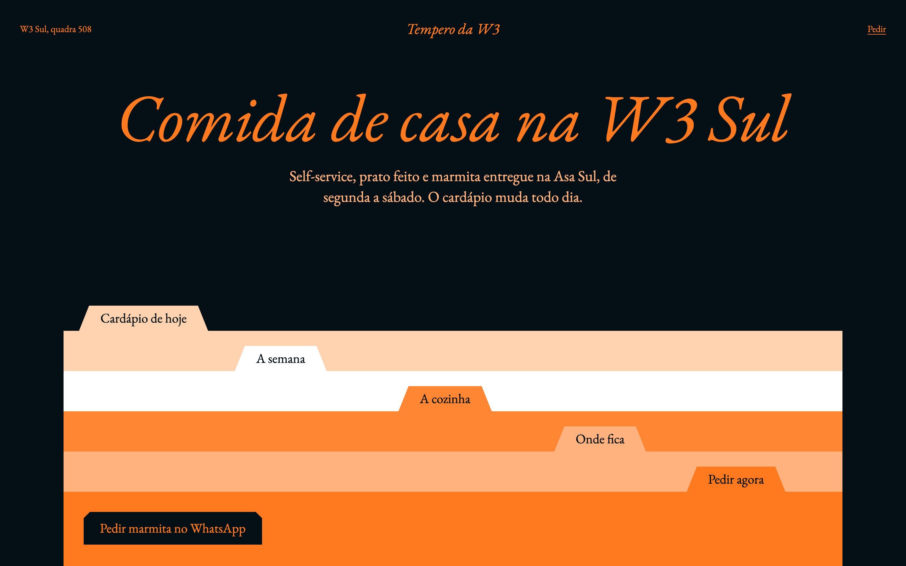 Primeira tela do site do Tempero da W3 no computador, com o título Comida de casa na W3 Sul em laranja sobre fundo escuro e uma pilha de pastas com abas