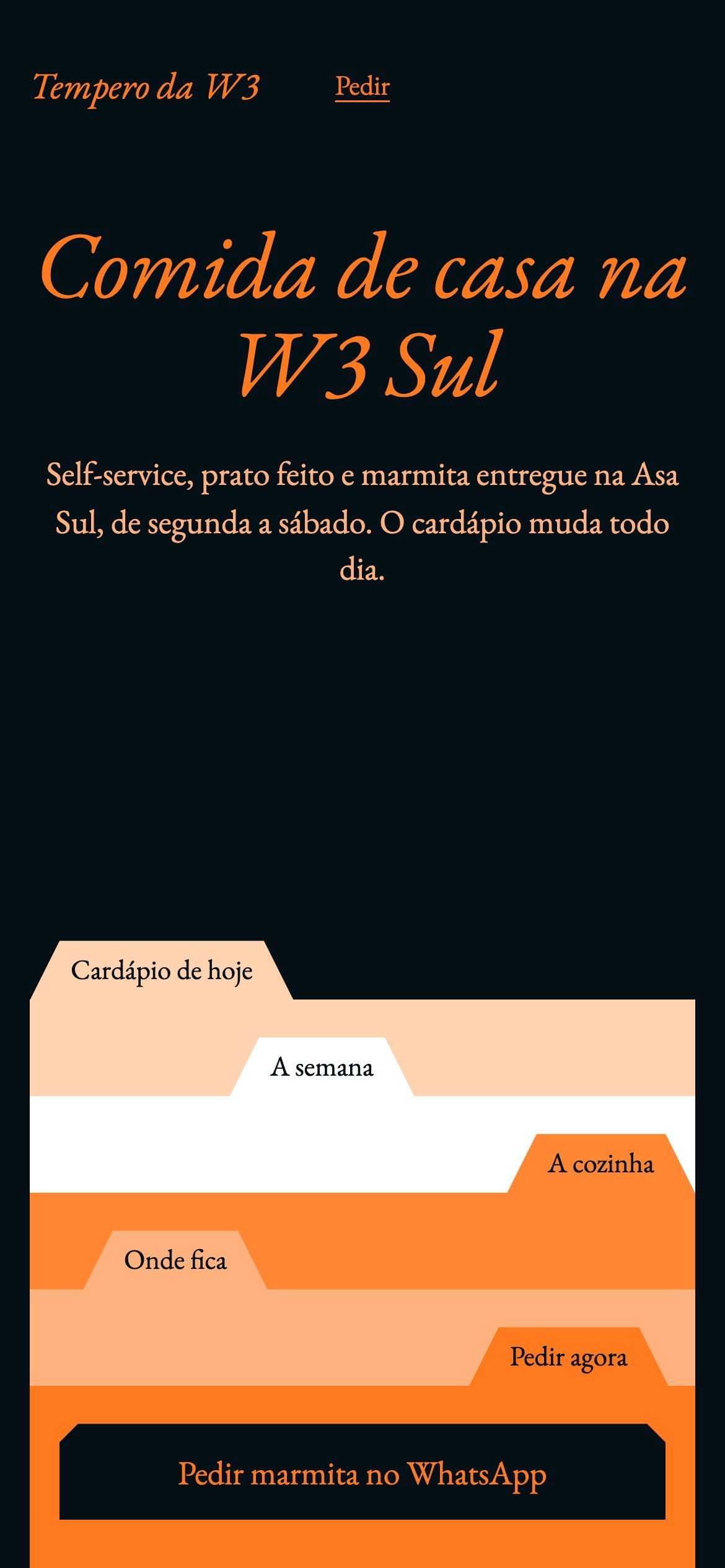 Primeira tela do site do Tempero da W3 no celular, com o título, as pastas com abas e o botão de pedir marmita