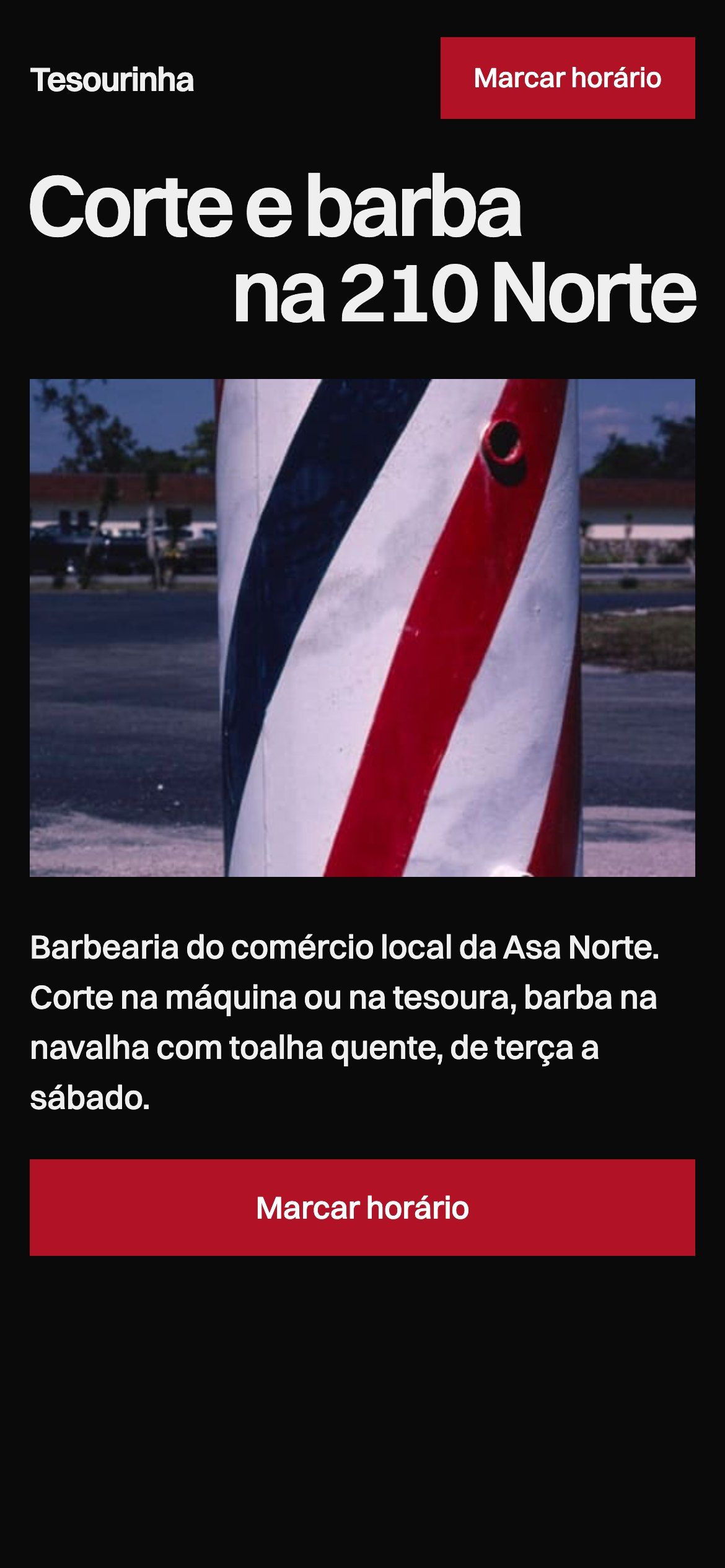 Primeira tela do site da Barbearia Tesourinha no celular, com a frase, a foto do poste de barbeiro e o botão vermelho de marcar horário
