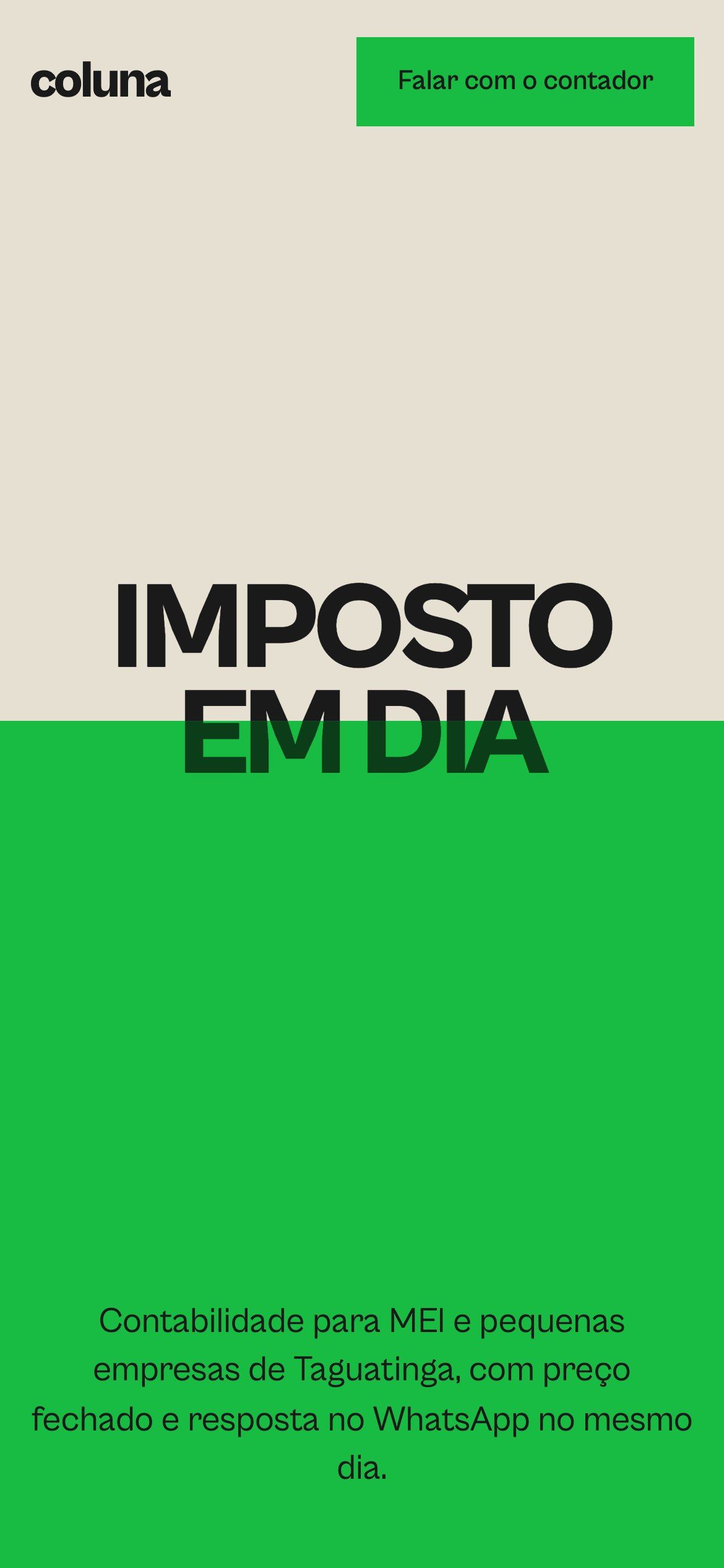 Primeira tela do site da Coluna Contabilidade no celular, com o título Imposto em dia e o botão de falar com o contador